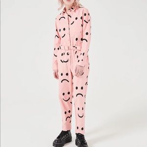 RARE Lazy Oaf Happy Sad Light Pink Graphic Boiler Suit (missing belt)